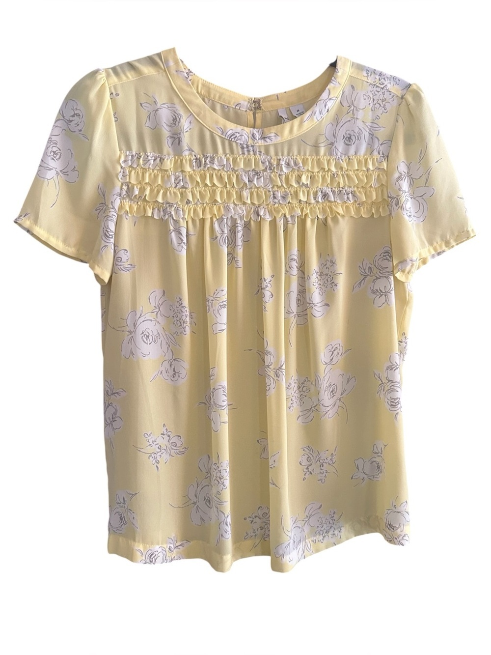 Butter Yellow Floral Ruffle Yoke Blouse | Short Sleeve Cottagecore Boho Top   M
